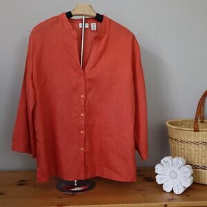 Covington Blouse 100% Linen Coral Button-Front V-Neck  Size XL (18)